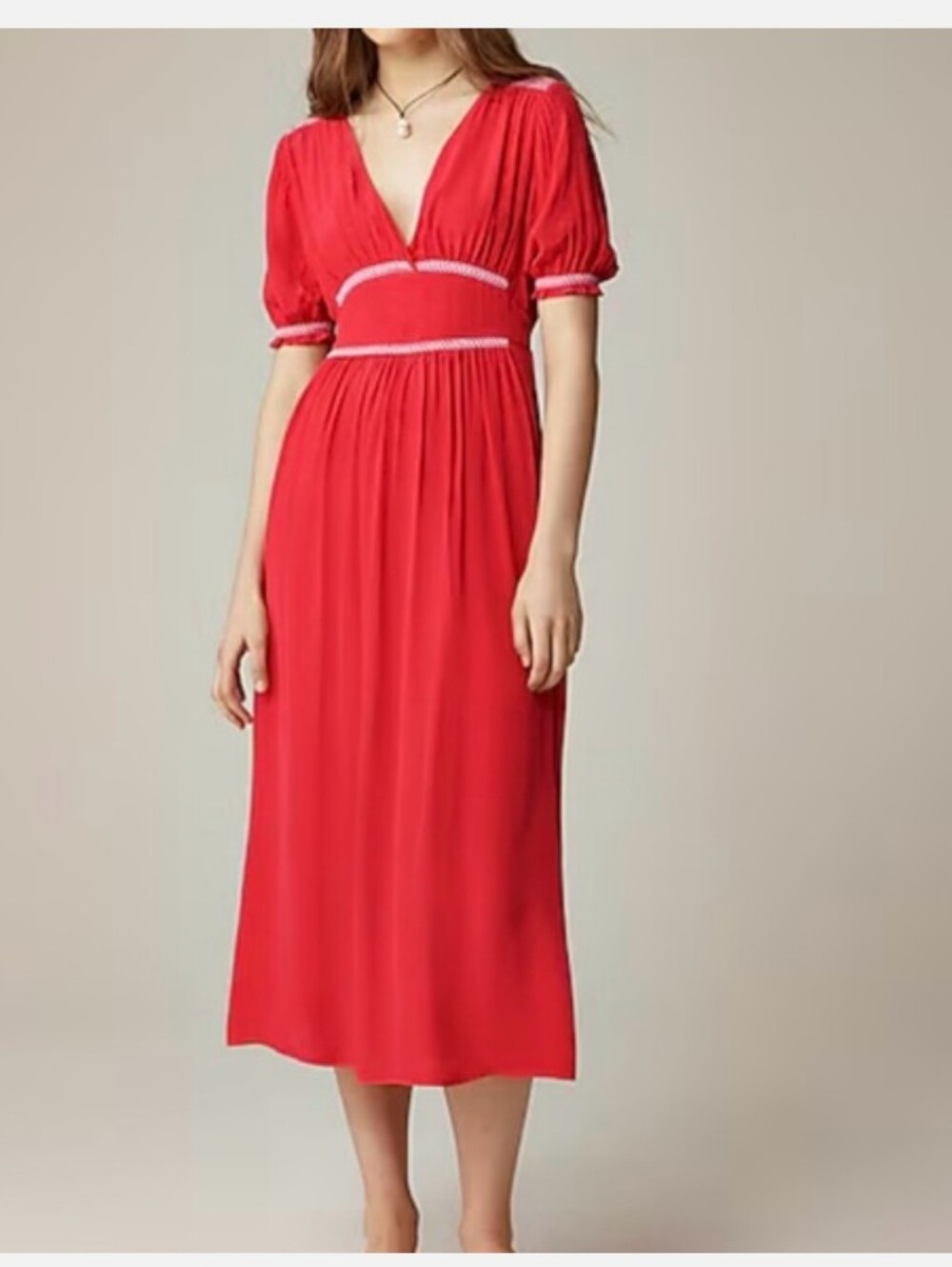 J Crew Smocked-trim midi dress in crepe de chine CL098 Size 12 Red